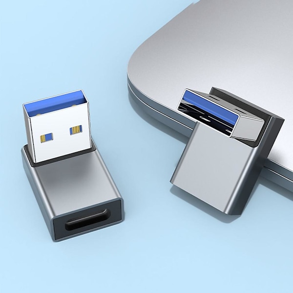90 Graders USB till USB C Adapter USB3.0 Hane till Typ-C Hona Konverter Laddningsadapter Stödjer Dataöverföring & Laddning Grey up