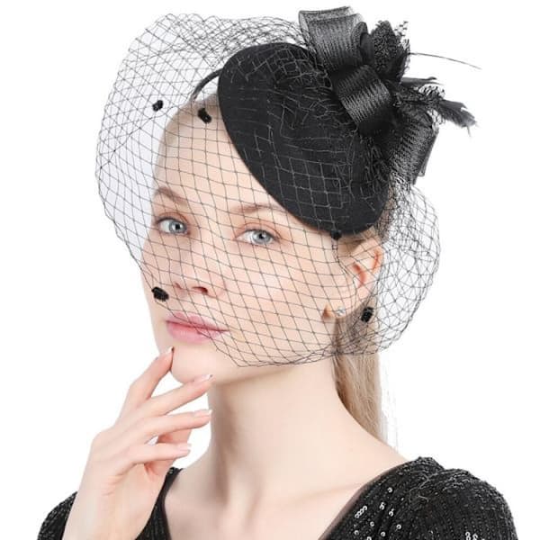 Slør med sløjfe Fascinator Hat Mesh Pandebånd til kvinder (sort)
