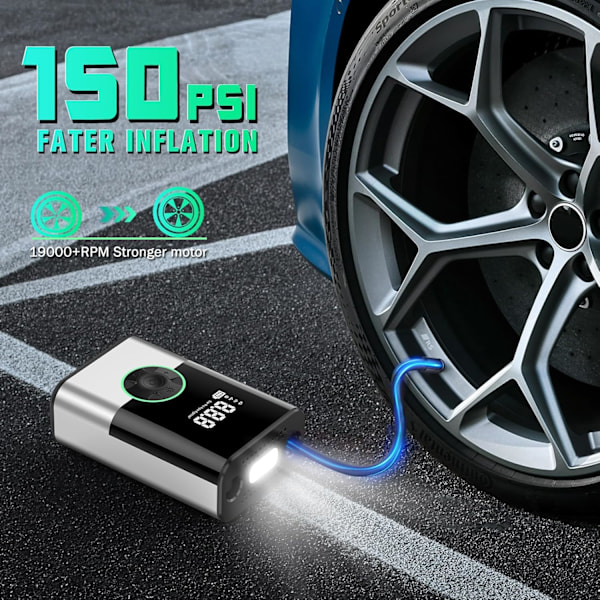 6000Mah Bærbar Luftkompressor, 150PSI Bilhjulspumpe Mini Elektrisk Cykelpumpe med Digitalt LCD-Display og LED-Lommelygte, med 4 Dyser