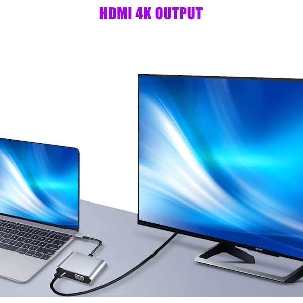 USB C - Type C, 4-in-1 USB-keskittimet, kaksoisnäyttö, USB C - 4K HDMI/HDTV, VGA-sovitin, USB 3.0 -lataus