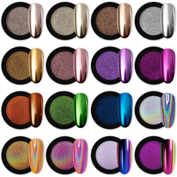16 Burkar Krom Nagelpulver Nagelkonst Striping Tape Linjer Dekoration Metallisk Spegeleffekt Holografisk Aurora Kameleont Pigmentpulver
