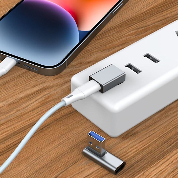 90 Graders USB till USB C Adapter USB3.0 Hane till Typ-C Hona Konverter Laddningsadapter Stödjer Dataöverföring & Laddning Grey up