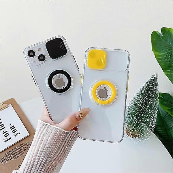 Candy Farve Ring Holder Slide Linse Kamerabeskyttelse Klar Blød iPhone Case (sort, iPhone 13Pro), QWER185