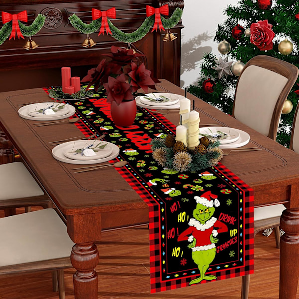 Linneduk Röd Jul Bordslöpare God Jul Bordsduk Jul Jul Buffalo Plaid Check Vinter Semester Hem Kök Matrum 13x72”
