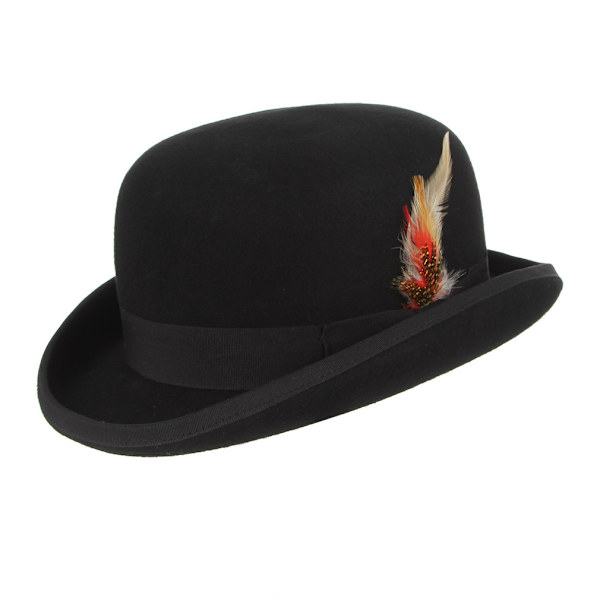 Unisex Hard Top Uld Bowler Hat Med Fjer Satinforet Størrelser S Til Xl M