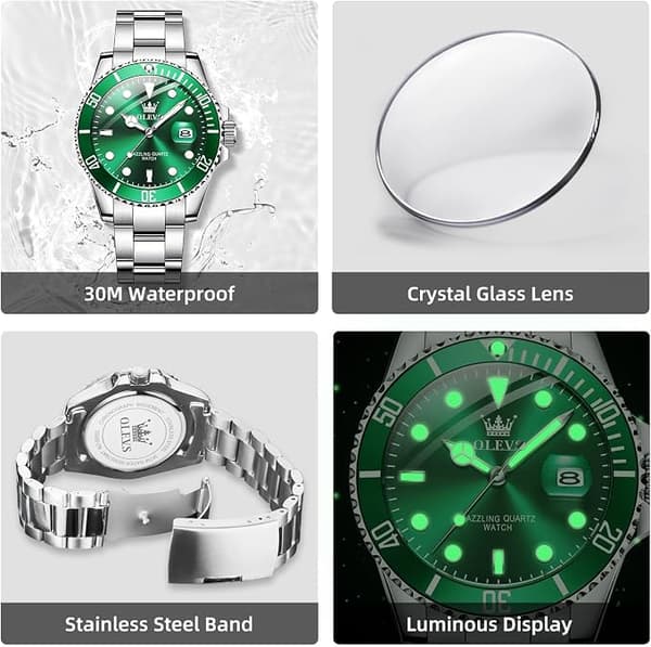 OLEVS Miesten Kellot Musta Green Dial/Silver Band