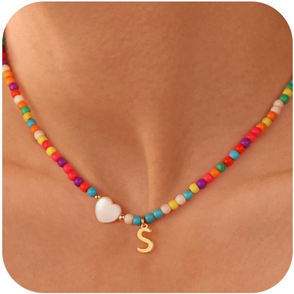 Fargerike Perlekjede med Initialer for Jenter Valentinsdagsgaver - Søtt Choker Initialkjede Smykker for Jenter Gaver Trendy Bursdagsgaver S