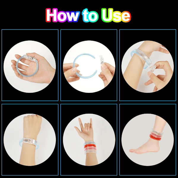 12 stk. LED Armbånd Sett, Selvlysende LED Armbånd, Festartikler, Blinkende Lysende Armbåndsleker