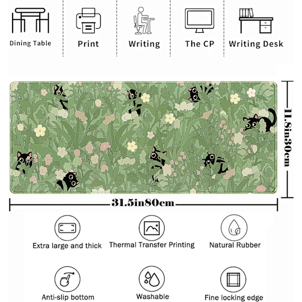 Söt Grön Blad Rosa Blommor Musmatta Skrivbordsunderlägg Kawaii Anime Katt Skrivbordsskydd Dekor Skrivbordsmatta 80x30 cm