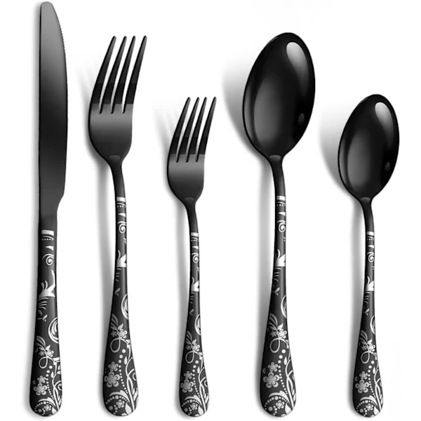 Bestikk i rustfritt stål for 4 personer, bestikk speilpolert, oppvaskmaskinsikkert, campingbestikk 20 deler Black