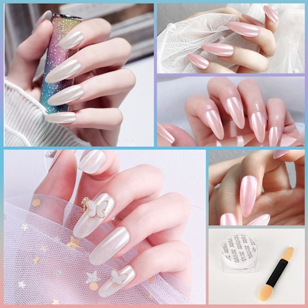 2 Burkar Krom Nagelpulver Vit och Röd Pärla, Iridescent Aurora Pulver Metallisk Spegeleffekt Pigment Pärlemorskimrande Sjöjungfru Pärla