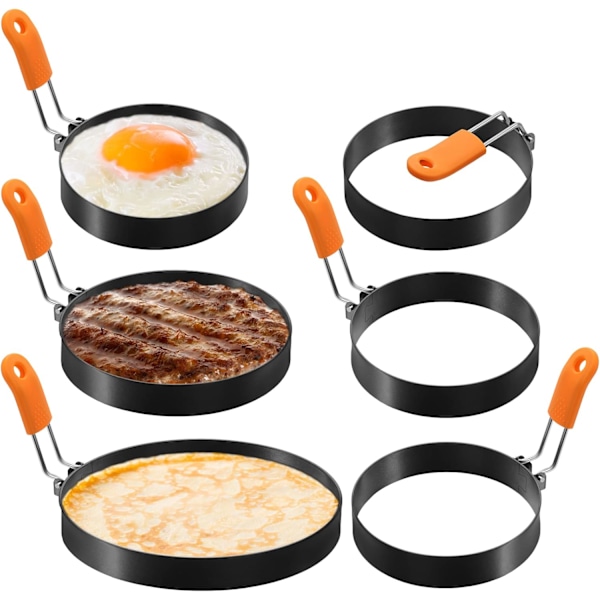 6 st Professionella Äggringar Pannkakringsset Rostfritt Stål Stekt Äggring Griddle Pannkakshapare med Silikonhandtag för Frukost