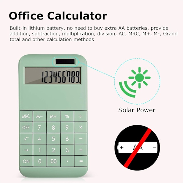 Skrivbordsräknare Standardfunktion, 12-siffrig LCD-skärm och stora knappar, batteridriven/soldriven Green