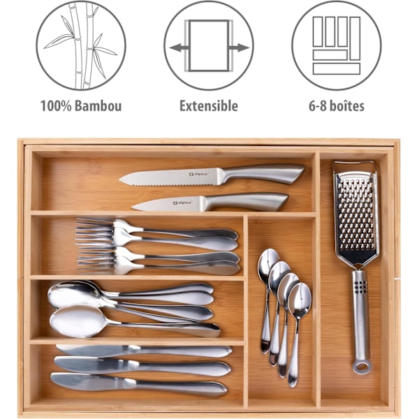 Uttrekkbar Bestikkskuff - 42 x 34-50 x 6 CM - 6 til 8 Rom - Miljøvennlig Bambusmateriale