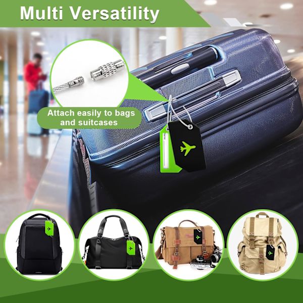 4 stk. bagasjelapper med adresselapp, bagasjelapp, koffert med rustfri stålkabel, bagasjelapp for bagasje, koffert, håndveske Green+Black
