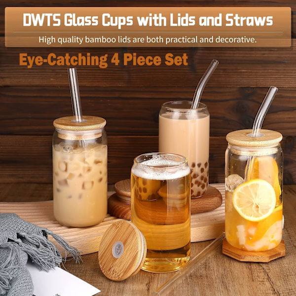 Glaskoppar med lock och sugrör 4 st - DWTS Kaffe koppar, Dricksglas set, Glasmugg med sugrör