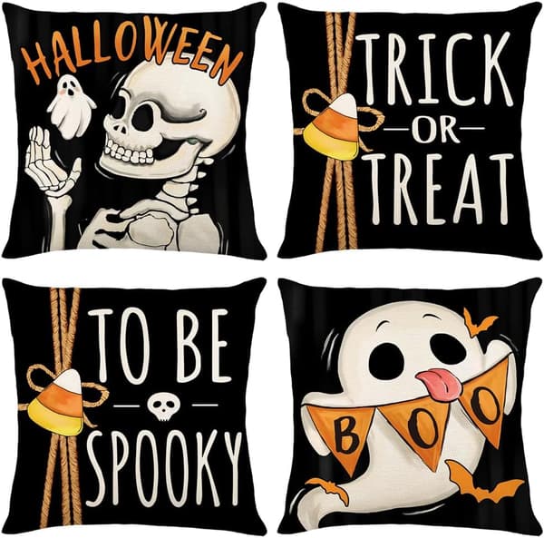 Halloween pudebetræk 18x18 sæt med 4 - Spooky spøgelse og græskar udendørs pyntepudebetræk til sofa, seng, veranda indretning