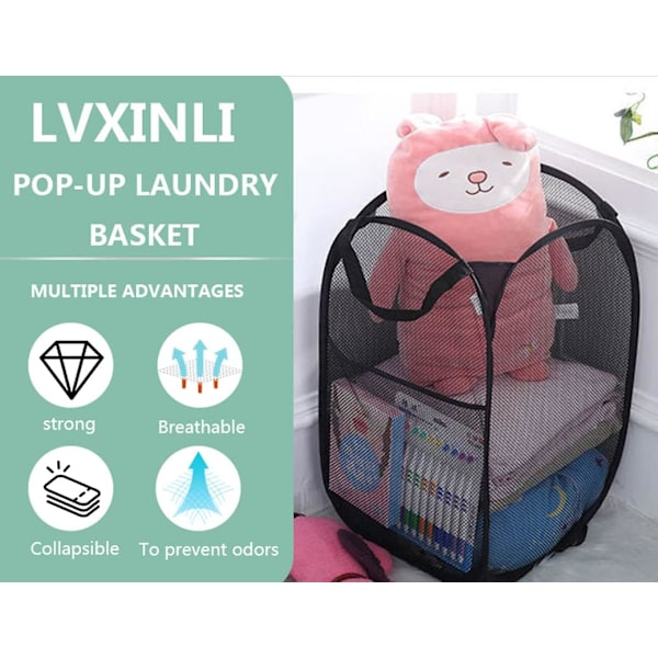 Popup Klesvaskkurv, Sammenleggbar Mesh Klesvaskkurv, Lett å Åpne og Brett Sammen for Hybel, Vaskerom, Soverom, Bobil black