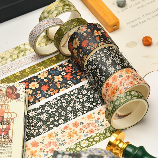 Tape Sæt 2 Sæt Washi Tape Sæt Blomster Washi Tape Klæbebånd Blomst Print Dekorativt Tape til DIY Håndværk Gaveindpakning Scrapbooking