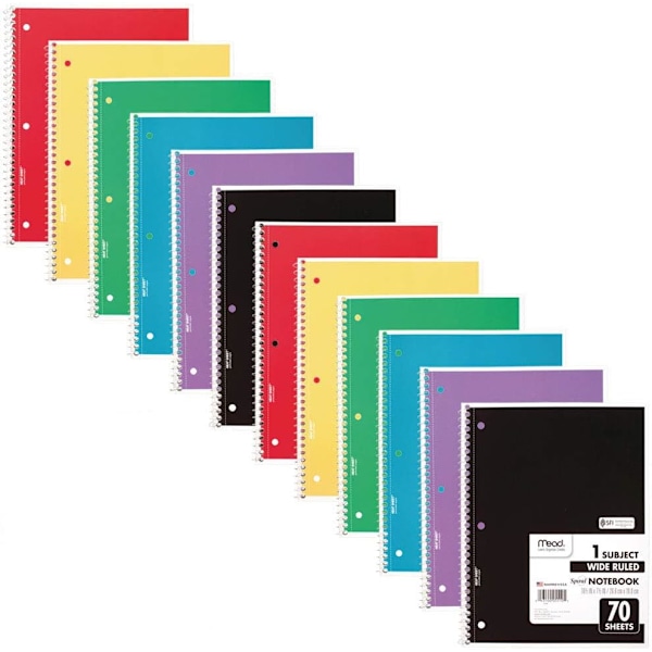 Mead Spiralblock, 12-pack, 1-ämne, brett linjerat papper, 10-1/2\" x 8\", 70 ark per block, färgen varierar