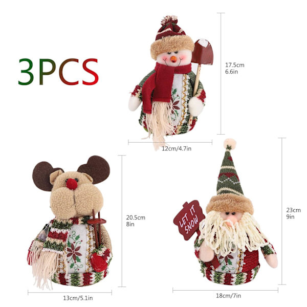 3-pack Julpynt Sittande, Plysch Tomte Snögubbe Rensa Djur Dekoration för Julbord Bords Dekoration