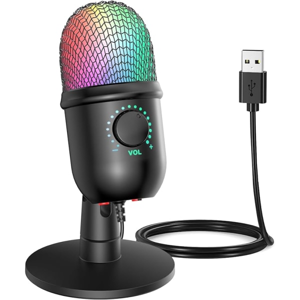 USB mikrofon, kondensator-PC-mikrofon, minimikrofonspeltillbehör med gradient RGB-ljus