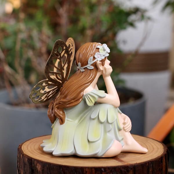 Miniature Havefe-statue Udendørs Indretning, 3,94 Tommer Harpiks Siddende Engelfigur Gårdkunstskulptur til Plæne Veranda Terrassepynt