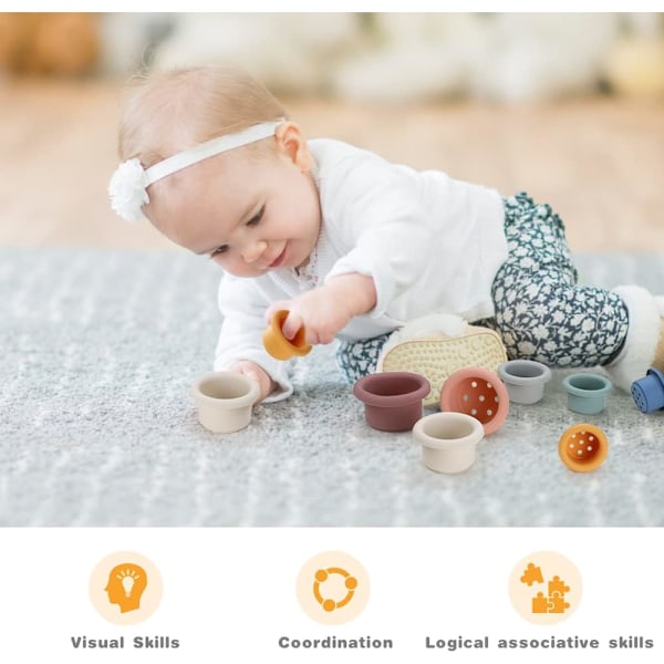 Baby Staplingskoppar Leksak, 7 St Silikon Baby Staplingsleksak, Stapla och Lek Staplingskoppar för Baby, Tidig Utbildande Nesting Leksak