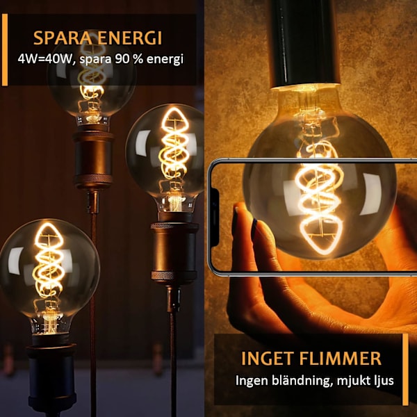 Edison Vintage Glödlampa E27, E27 LED Vintage 4W Glödlampa Varm Edison Glödlampa, grått glas - 3 st