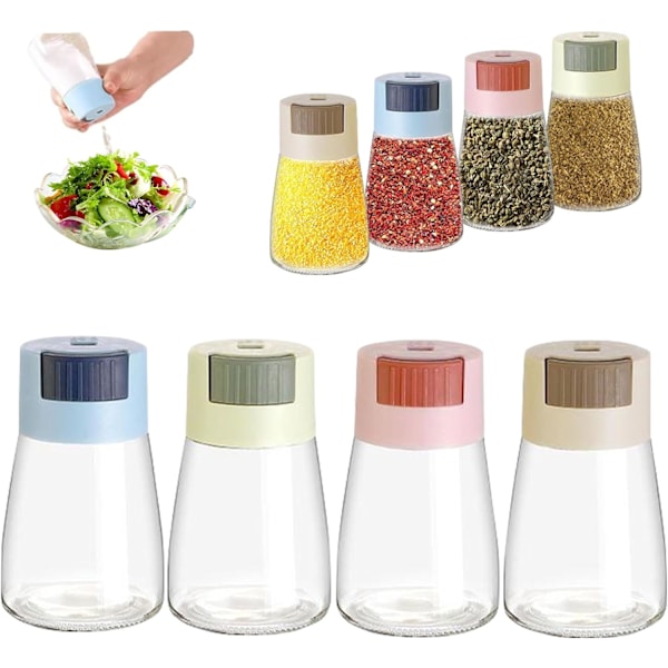 Sæt med 4 krydderiglas, krydderikrukker kvantitativ krydderihylde, krydderiopbevaringsbeholder 180 ml krydderiglas, til køkken, salt, sort peber, krydderier