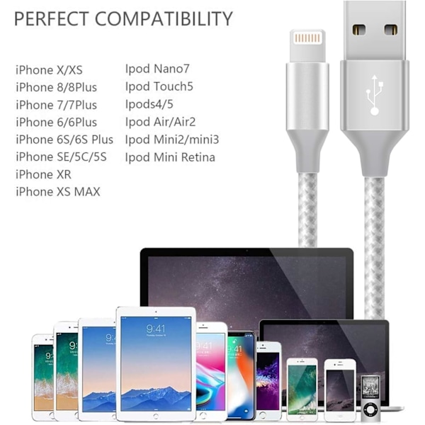 iPhone Laddningskabel 3-pack 3FT/1M Nylonflätad Snabbladdning & Synkronisering iPhone Sladd Vit