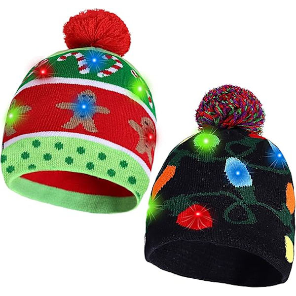 2-pak jule LED lysende strikhue, farverig blinkende juleferie julefestartikler (One Size Fits More)