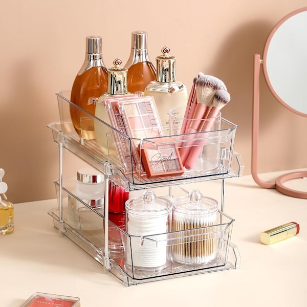 2 Set, 2-nivåers genomskinlig arrangör med avdelare för skåp, MultiUse utdragbar förvaringsbehållare, medicinförvaringsbehållare, under diskbänksorganisering