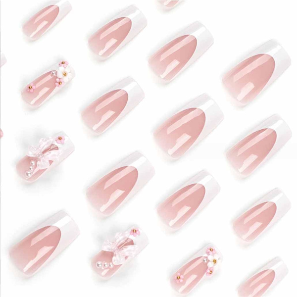 Tryck på naglar medium långa strass rosa falska naglar fyrkantiga bling glänsande konstgjorda naglar