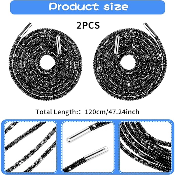 1 Par Rhinestone Skolisser Utskiftbare Glitter med Diamanter Skolisser Hatt Tau For Sneakers Sko Tilbehør 120cm Black