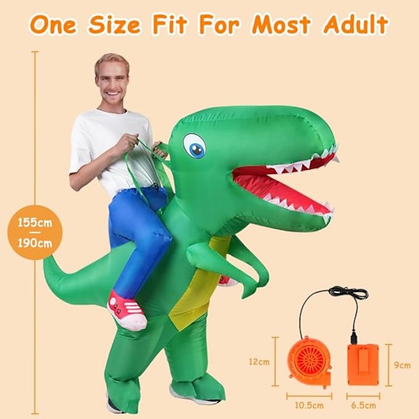 Dinosauruspuku, puhallettava dinosauruspuku, hauskat vihreät dinosauruspuvut Halloween-cosplay-naamiaisjuhliin 160-190cm