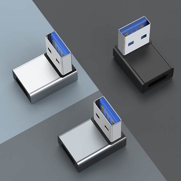 90 Graders USB till USB C Adapter USB3.0 Hane till Typ-C Hona Konverter Laddningsadapter Stödjer Dataöverföring & Laddning Grey up