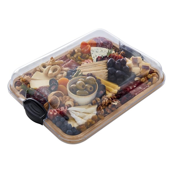 Skjærebrett med rom og gjennomsiktig låselokk for tilberedt mat, snacks, bambus med gjennomsiktig lokk