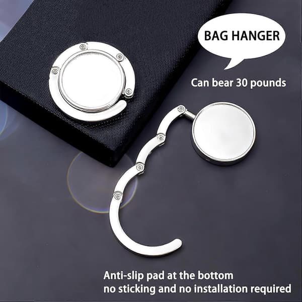 Bärbara handväskkrokar 4-pack, vikbar multifunktionell väskkrok för bord, skrivbord, restauranger, silverfinish