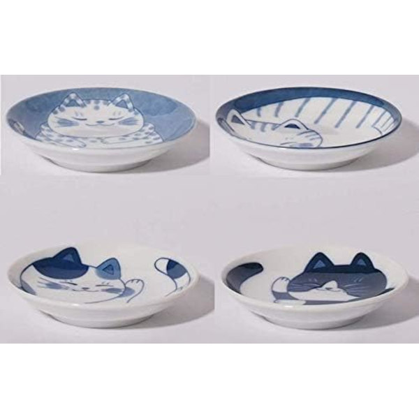 Japansk liten tallrik set keramik söta katter design aptitretare dessert sushi sås rätter, 3,94 x 0,8 tum, set med 4