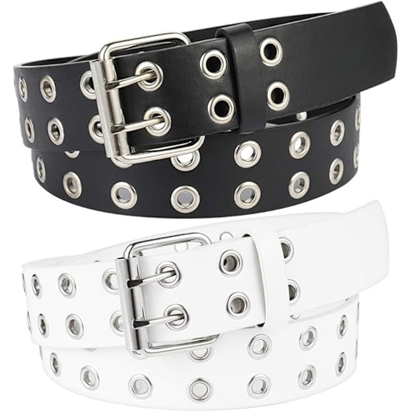 2-pack Dubbel Ögla Bälte, PU Läder Punk Bälte 2 Hål Ögla Jeans Bälte för Kvinnor Män, Multi, Medium