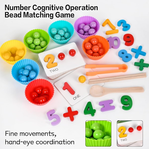 Et sæt trætal tælle spil - matematik læringslegetøj med farvede perler, matchende kort og kognitive færdigheder, velegnet som gave.