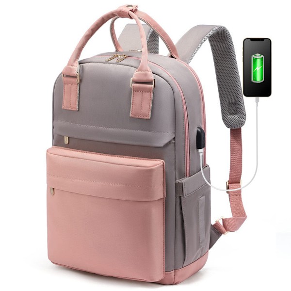 Damryggsäck för 15,6 tums Laptop, Casual, med USB-laddning, Stöldskyddande Skolryggsäck för Arbete, Resor, Universitet, Högskola, Gråblå pink