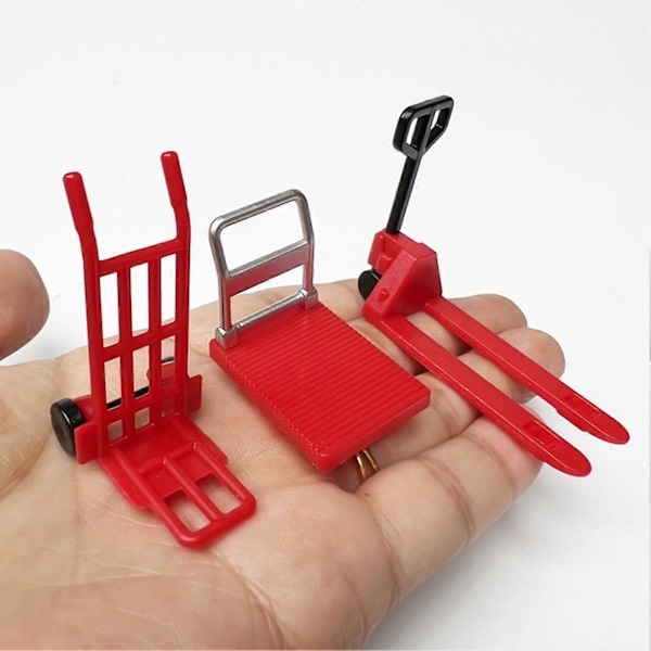 Miniatyrdockhustillbehör Plattformvagn Gaffeltruck Handvagn Set Dockhusscen Ornament Mini Platt Vagn Palltruck Dolly Simula red