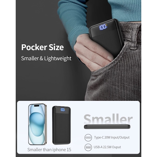 Digital display powerbank, stor kapacitet 22.5W hurtig opladning, 20000mAh, tovejs mobil strømforsyning