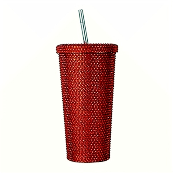 500ml Halmkopp med Lock Återanvändbar Rhinestone Rostfritt Stål Dubbelskikts Termosmuggar Kvinnor Glitterkopp Vattenflaska Present Red