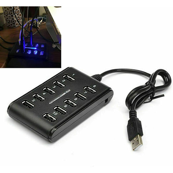 10 Portin HUB - Ohut Nopea USB 2.0 Monilaajennus - Plug and Play Yhteensopiva PC Windows- ja Mac-tietokoneiden kanssa - MUSTA