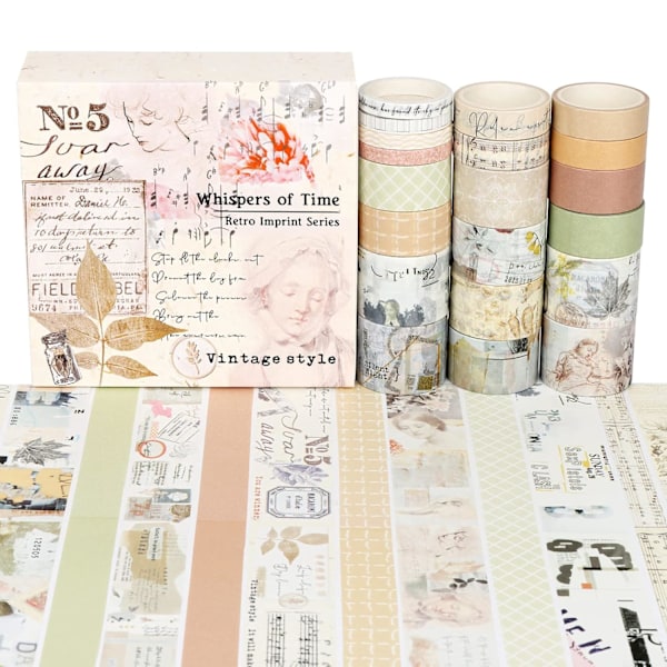 20 Ruller Vintage Maskeringsteip, Dekorativ Washi Tape Sett for Scrapbooking, Junk Journal, Bullet Journal, Planner, Håndverk og Gaveinnpakking color 3