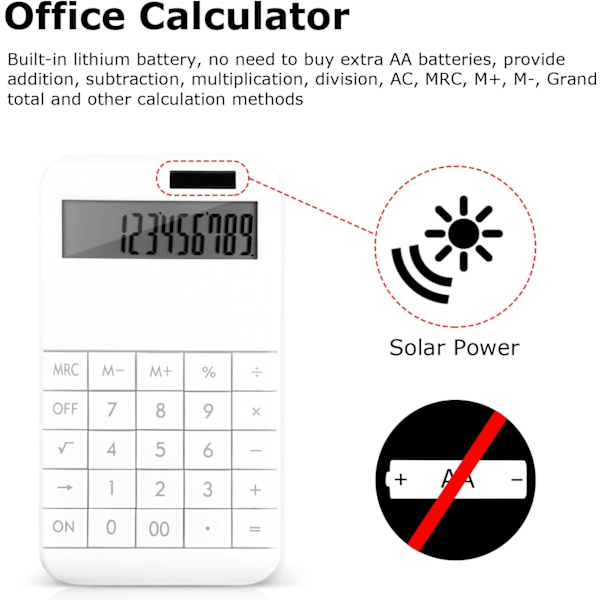 Skrivbordsräknare Standardfunktion, 12-siffrig LCD-skärm och stora knappar, batteridriven/soldriven White