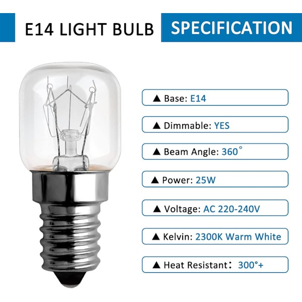 25W Ovnpære 300 Grader E14 Dæmpbar, Varm Hvid 2700k, AC 220V-240V, 85LM, Til Mikrobølgeovn, Ovn, 6 stk 25W